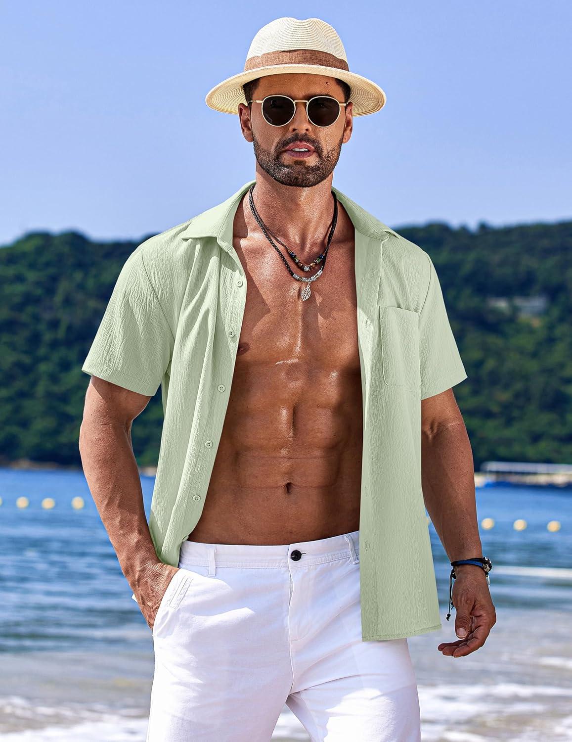 imageCOOFANDY Mens Casual Short Sleeve Button Down Summer Beach Shirt Lightweight Textured Wrinkle Free Untucked ShirtsSea Foam