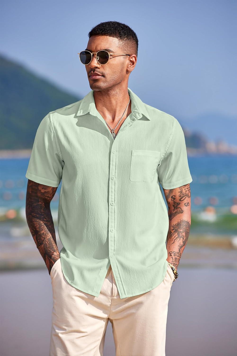 imageCOOFANDY Mens Casual Short Sleeve Button Down Summer Beach Shirt Lightweight Textured Wrinkle Free Untucked ShirtsSea Foam
