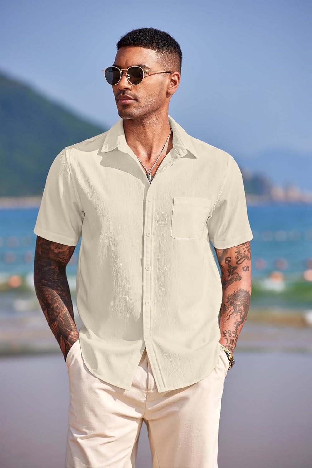 imageCOOFANDY Mens Casual Short Sleeve Button Down Summer Beach Shirt Lightweight Textured Wrinkle Free Untucked ShirtsVanilla Ice