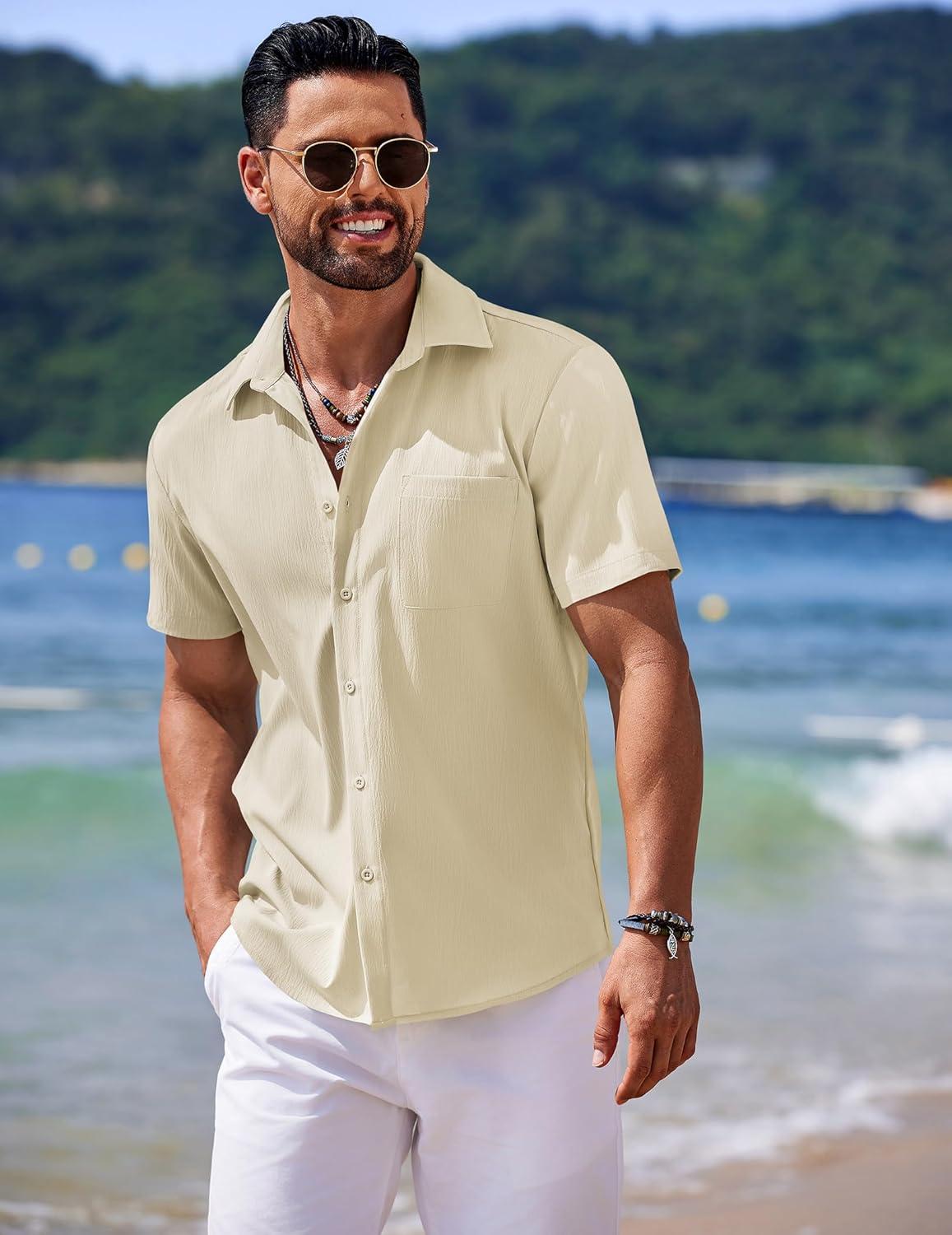 imageCOOFANDY Mens Casual Short Sleeve Button Down Summer Beach Shirt Lightweight Textured Wrinkle Free Untucked ShirtsVanilla Ice