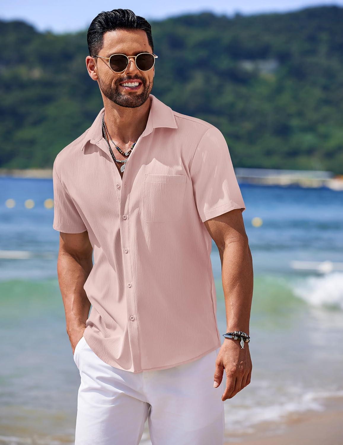 imageCOOFANDY Mens Casual Short Sleeve Button Down Summer Beach Shirt Lightweight Textured Wrinkle Free Untucked ShirtsVeiled Rose