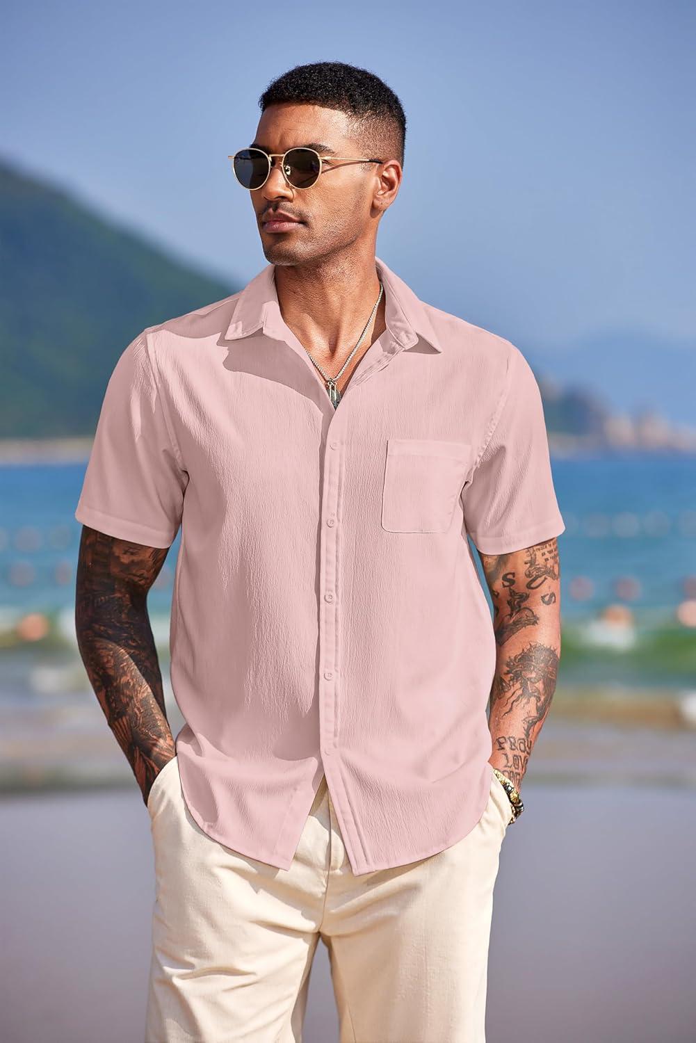 imageCOOFANDY Mens Casual Short Sleeve Button Down Summer Beach Shirt Lightweight Textured Wrinkle Free Untucked ShirtsVeiled Rose