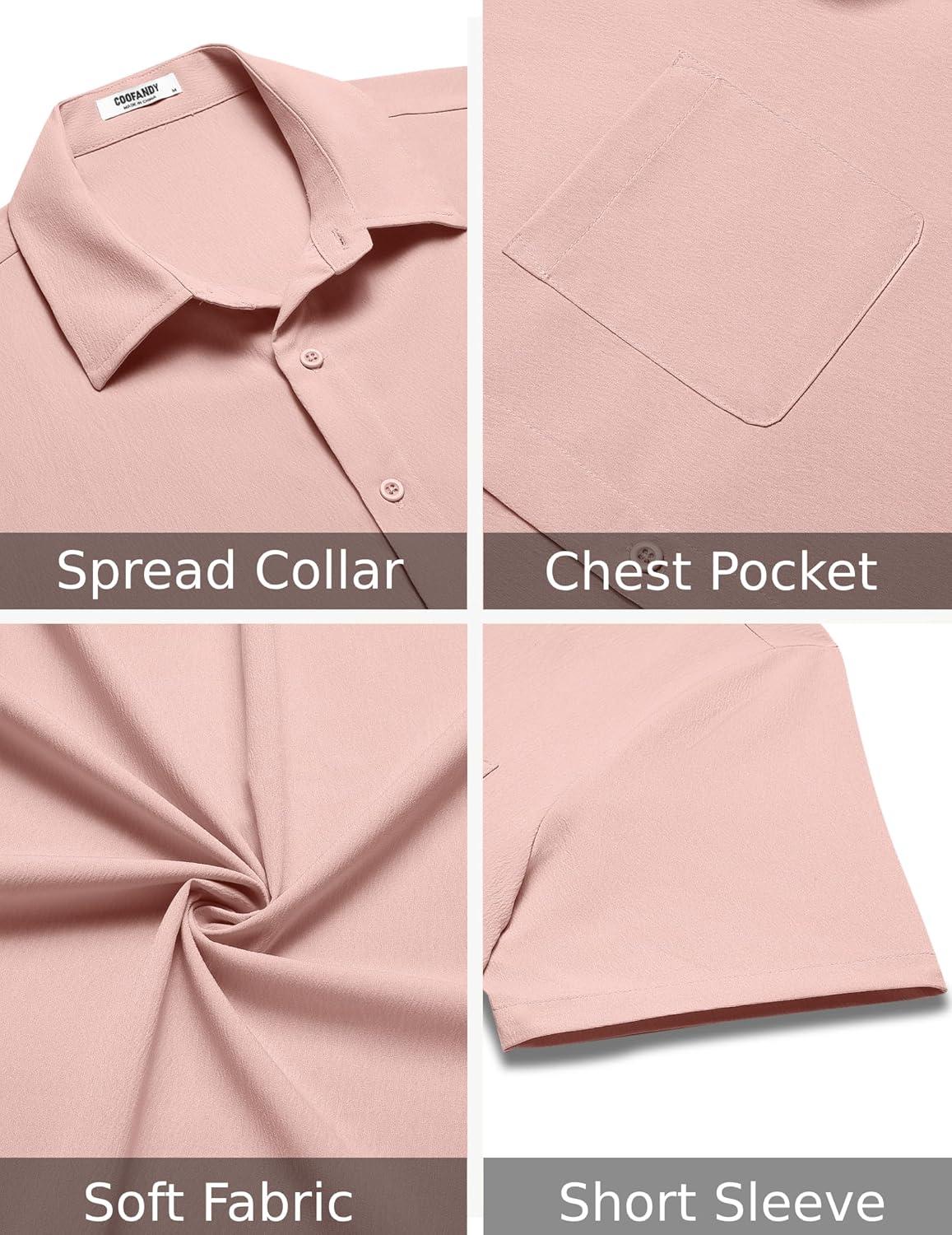 imageCOOFANDY Mens Casual Short Sleeve Button Down Summer Beach Shirt Lightweight Textured Wrinkle Free Untucked ShirtsVeiled Rose