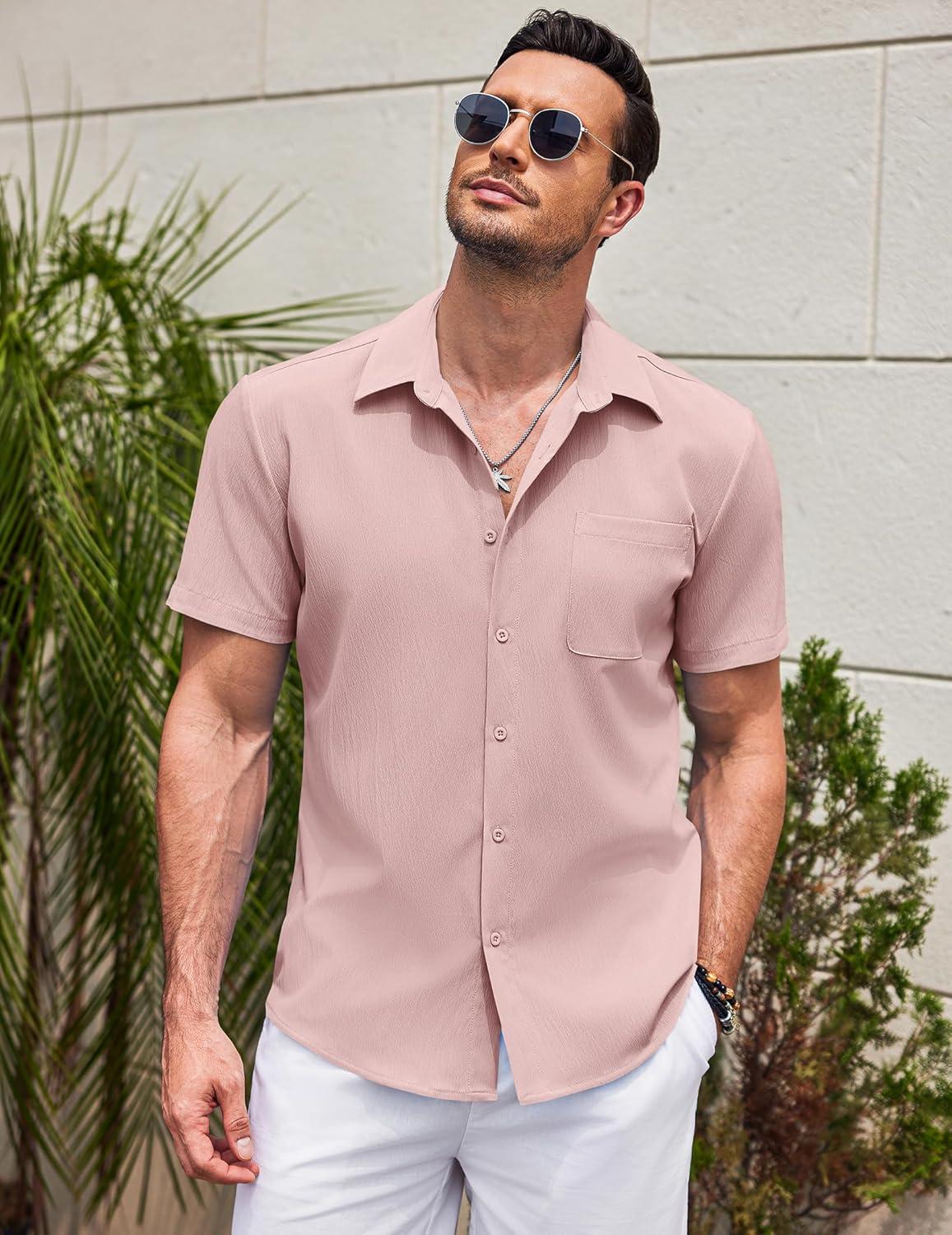 imageCOOFANDY Mens Casual Short Sleeve Button Down Summer Beach Shirt Lightweight Textured Wrinkle Free Untucked ShirtsVeiled Rose