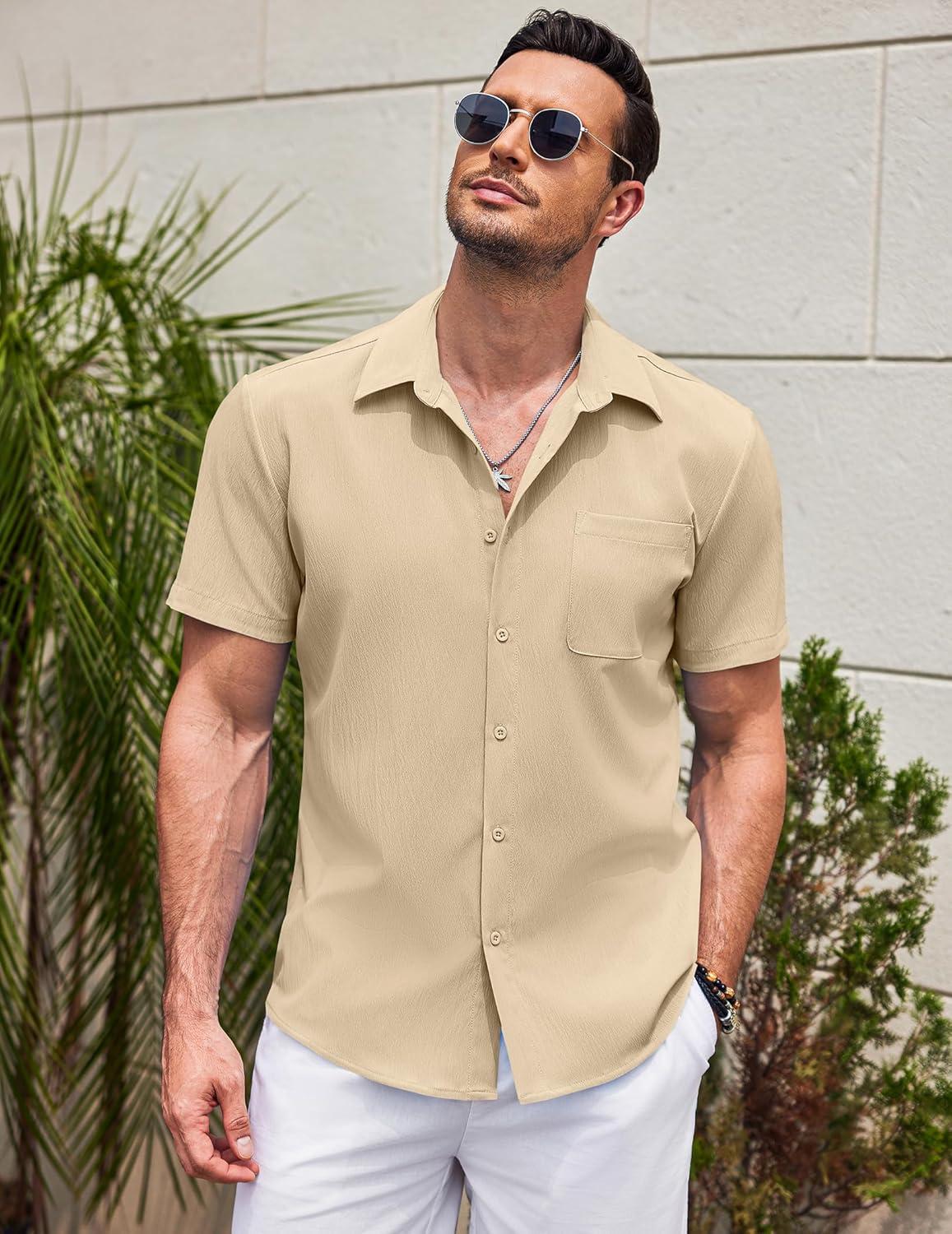imageCOOFANDY Mens Casual Short Sleeve Button Down Summer Beach Shirt Lightweight Textured Wrinkle Free Untucked ShirtsWood Ash