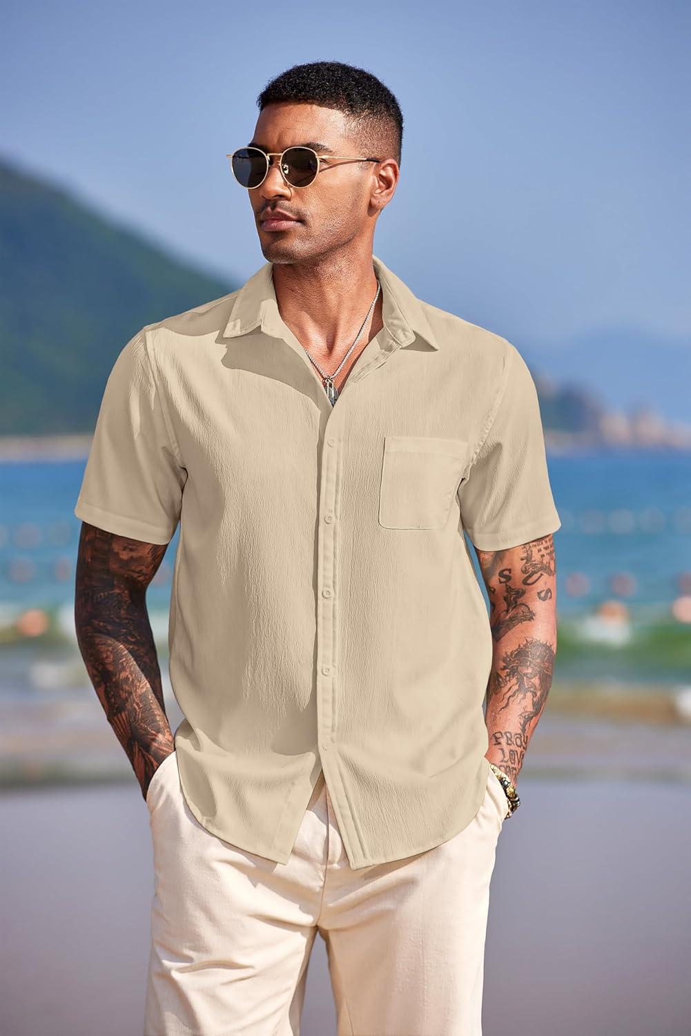 imageCOOFANDY Mens Casual Short Sleeve Button Down Summer Beach Shirt Lightweight Textured Wrinkle Free Untucked ShirtsWood Ash
