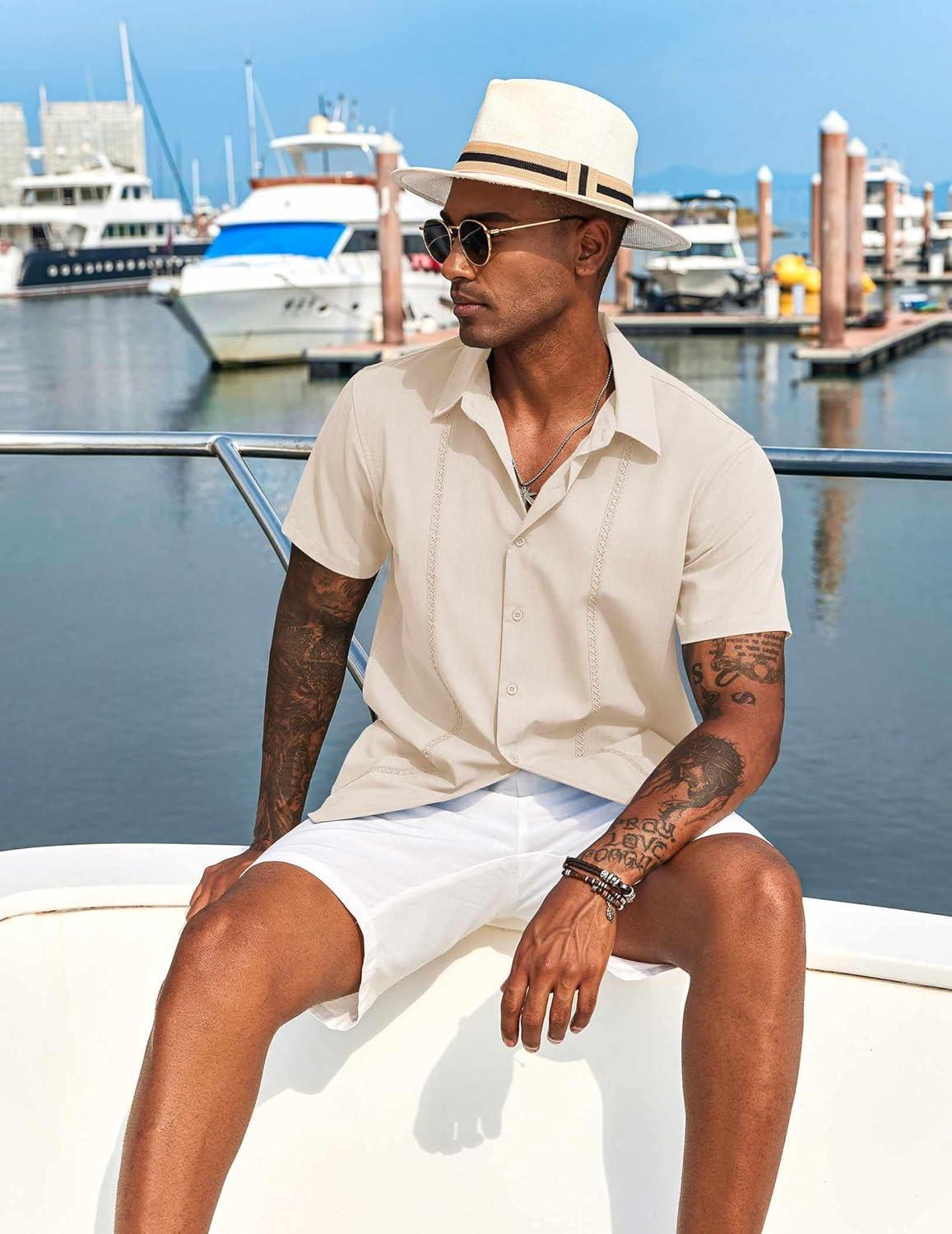 imageCOOFANDY Mens Cuban Guayabera Short Sleeve Shirt Casual Summer Beach Tops Button Down Untucked ShirtsBeige