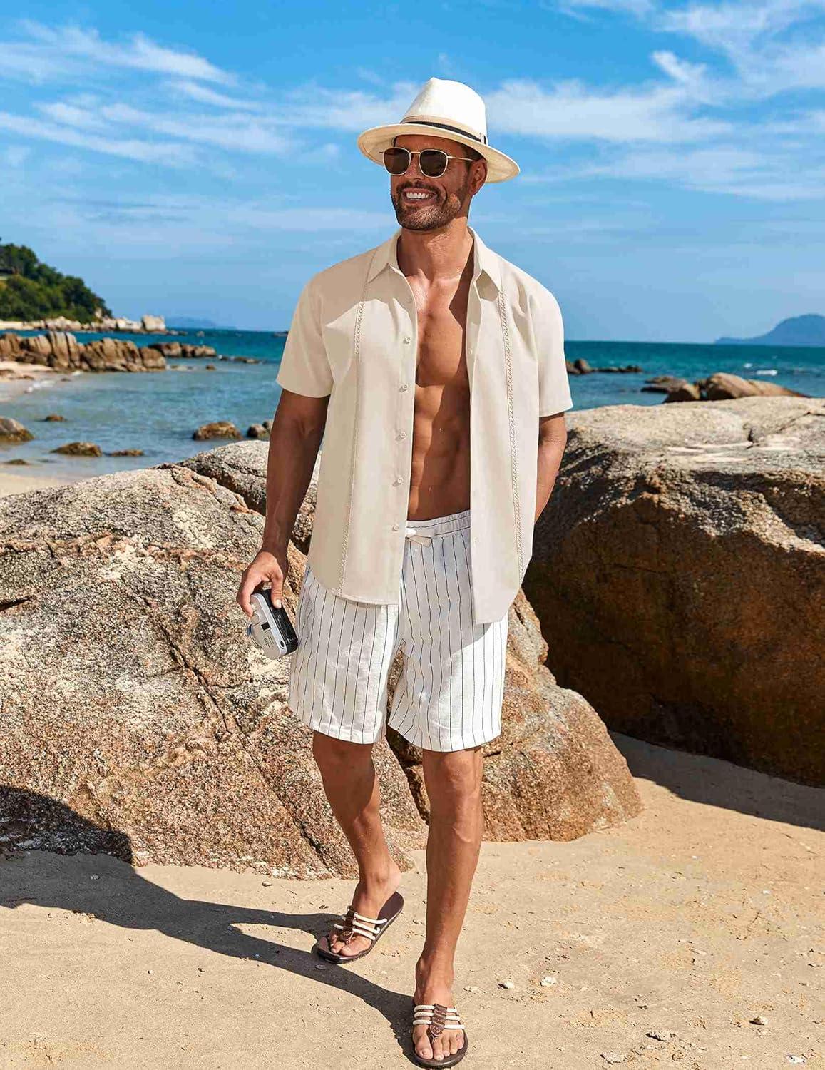 imageCOOFANDY Mens Cuban Guayabera Short Sleeve Shirt Casual Summer Beach Tops Button Down Untucked ShirtsBeige