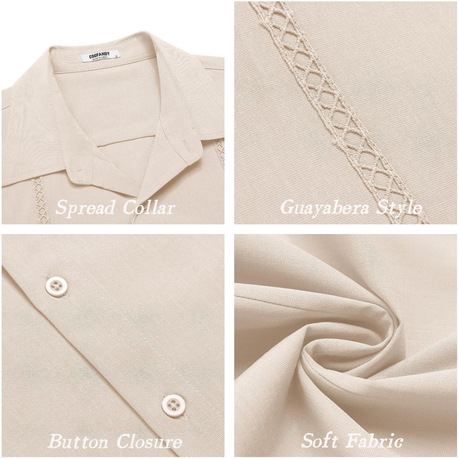 imageCOOFANDY Mens Cuban Guayabera Short Sleeve Shirt Casual Summer Beach Tops Button Down Untucked ShirtsBeige