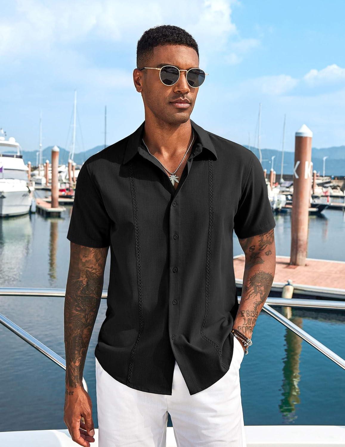 imageCOOFANDY Mens Cuban Guayabera Short Sleeve Shirt Casual Summer Beach Tops Button Down Untucked ShirtsBlack