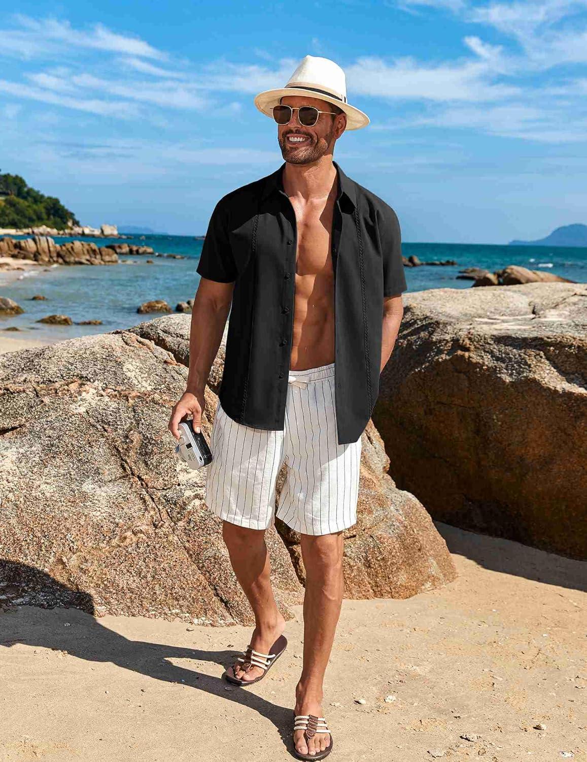 imageCOOFANDY Mens Cuban Guayabera Short Sleeve Shirt Casual Summer Beach Tops Button Down Untucked ShirtsBlack