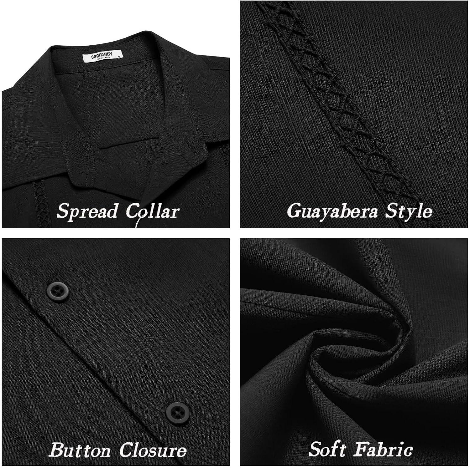 imageCOOFANDY Mens Cuban Guayabera Short Sleeve Shirt Casual Summer Beach Tops Button Down Untucked ShirtsBlack
