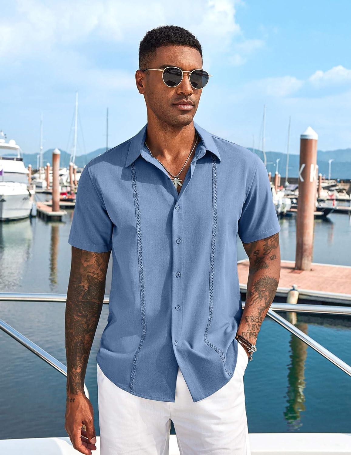 imageCOOFANDY Mens Cuban Guayabera Short Sleeve Shirt Casual Summer Beach Tops Button Down Untucked ShirtsBlue