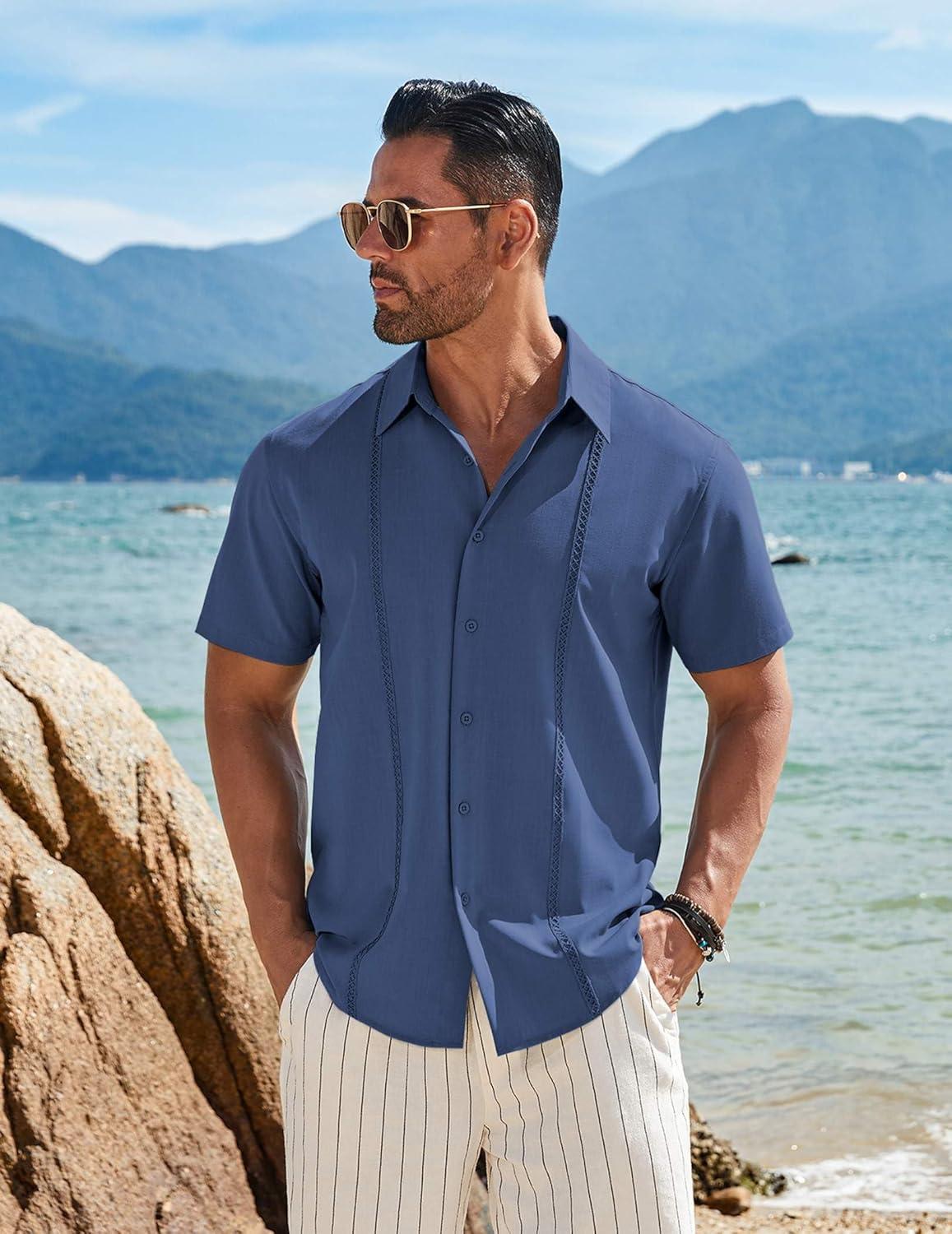 imageCOOFANDY Mens Cuban Guayabera Short Sleeve Shirt Casual Summer Beach Tops Button Down Untucked ShirtsDark Blue