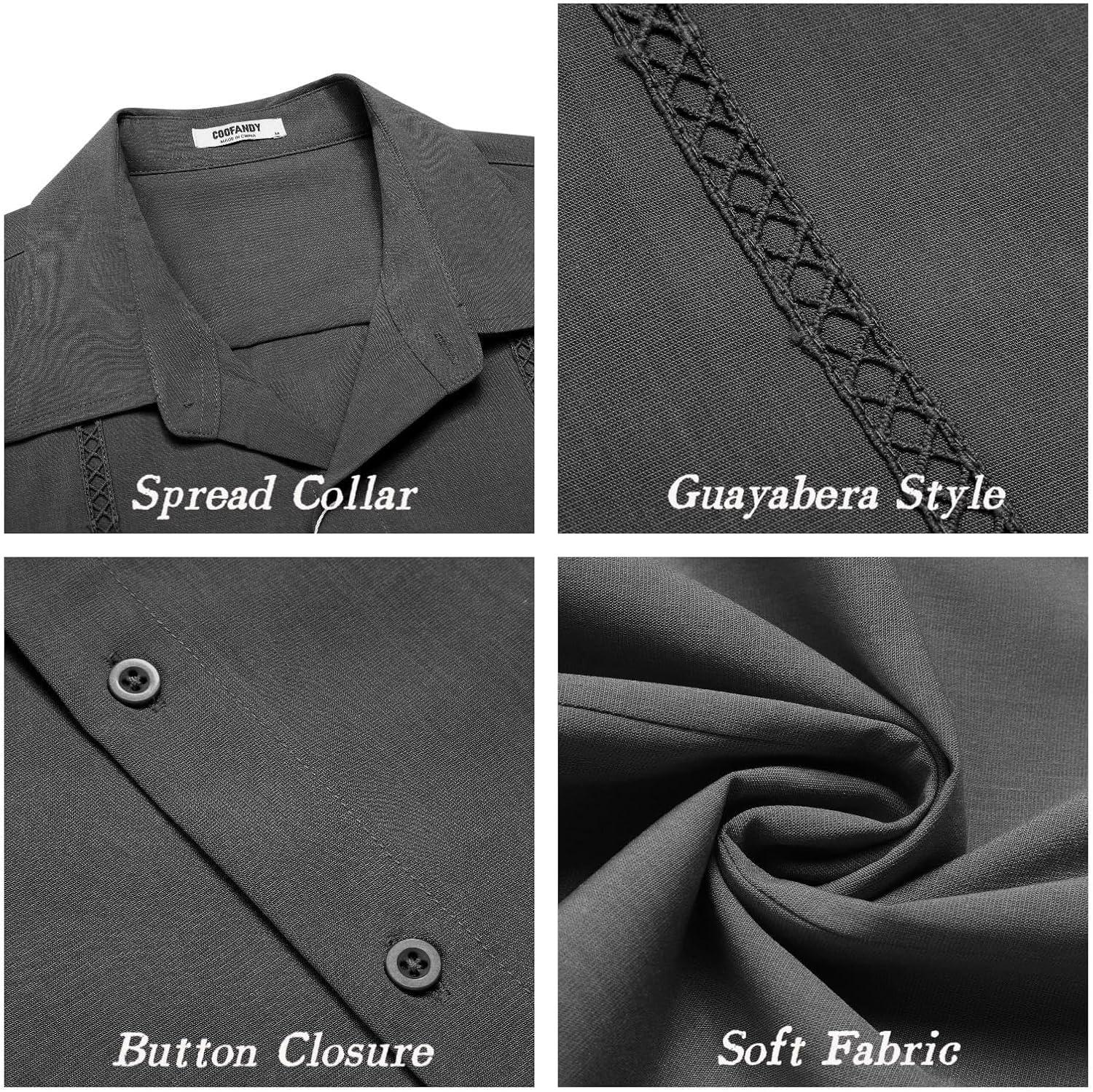 imageCOOFANDY Mens Cuban Guayabera Short Sleeve Shirt Casual Summer Beach Tops Button Down Untucked ShirtsGrey