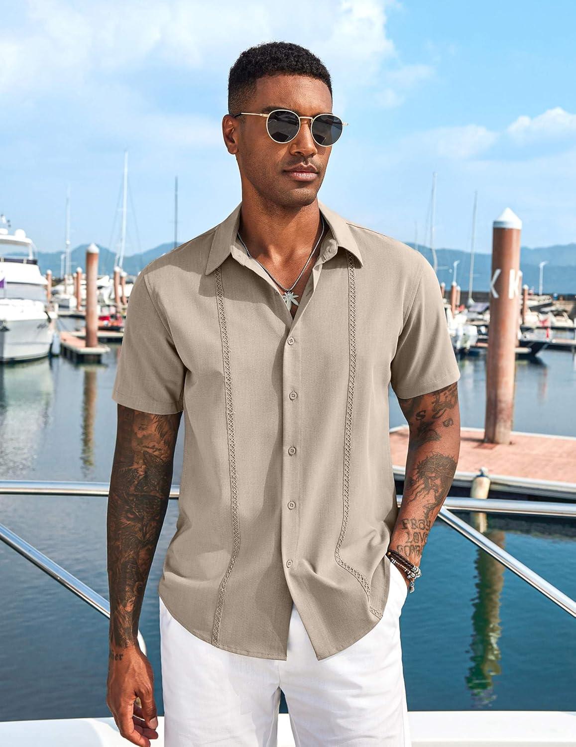 imageCOOFANDY Mens Cuban Guayabera Short Sleeve Shirt Casual Summer Beach Tops Button Down Untucked ShirtsKhaki