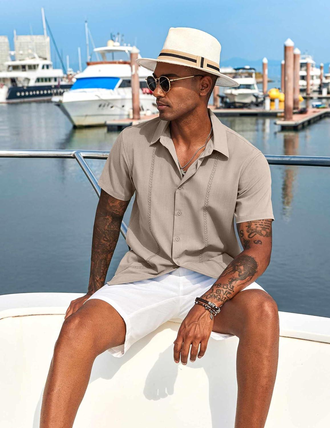 imageCOOFANDY Mens Cuban Guayabera Short Sleeve Shirt Casual Summer Beach Tops Button Down Untucked ShirtsKhaki