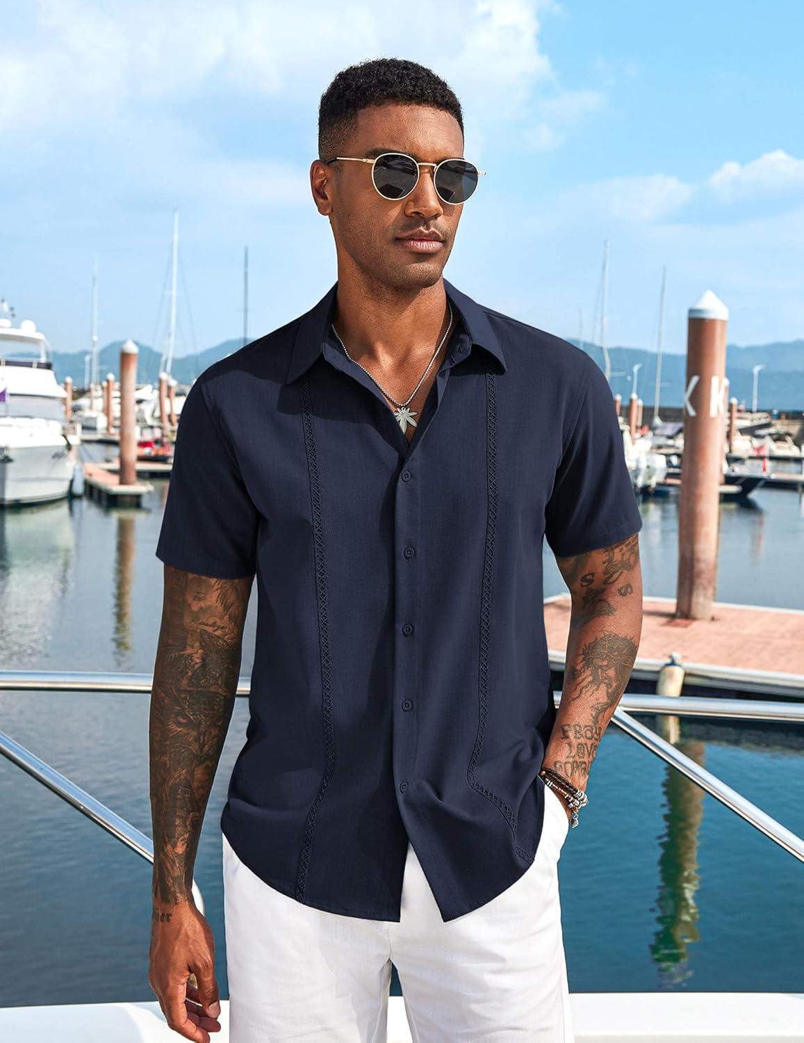 imageCOOFANDY Mens Cuban Guayabera Short Sleeve Shirt Casual Summer Beach Tops Button Down Untucked ShirtsNavy Blue