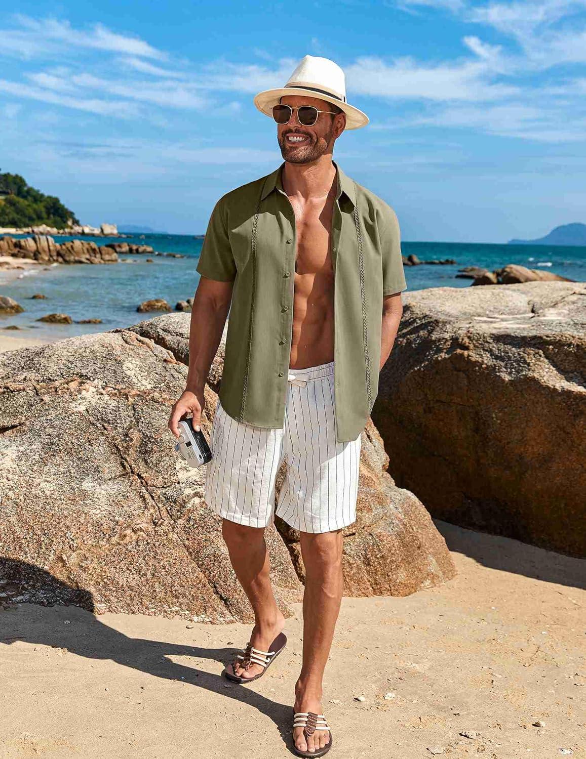 imageCOOFANDY Mens Cuban Guayabera Short Sleeve Shirt Casual Summer Beach Tops Button Down Untucked ShirtsOlive Green
