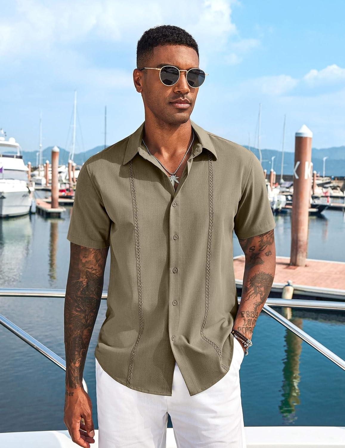 imageCOOFANDY Mens Cuban Guayabera Short Sleeve Shirt Casual Summer Beach Tops Button Down Untucked ShirtsOlive Green