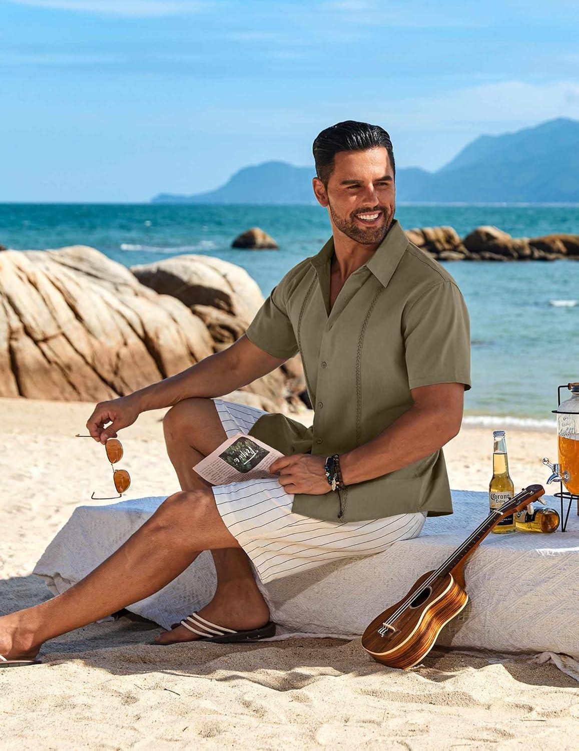 imageCOOFANDY Mens Cuban Guayabera Short Sleeve Shirt Casual Summer Beach Tops Button Down Untucked ShirtsOlive Green