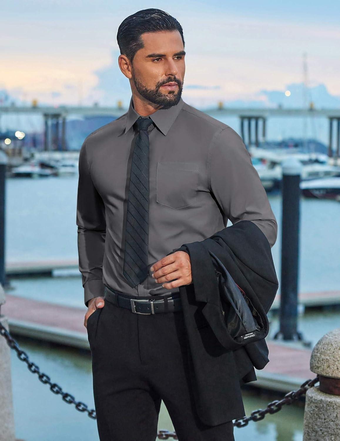 imageCOOFANDY Mens Dress Shirts Stain Shield Long Sleeve Button Down Shirt for Men Soild Business Formal Wedding Dress ShirtsDark Grey