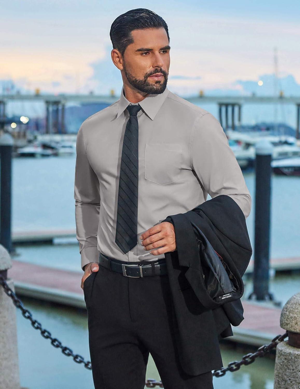 imageCOOFANDY Mens Dress Shirts Stain Shield Long Sleeve Button Down Shirt for Men Soild Business Formal Wedding Dress ShirtsLight Grey