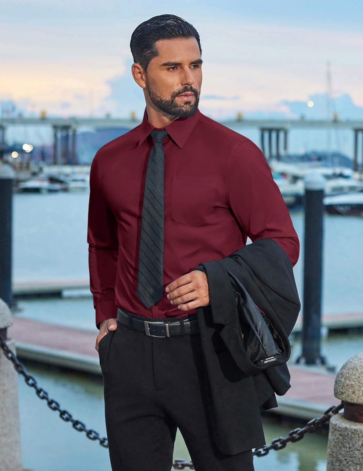 imageCOOFANDY Mens Dress Shirts Stain Shield Long Sleeve Button Down Shirt for Men Soild Business Formal Wedding Dress ShirtsRed