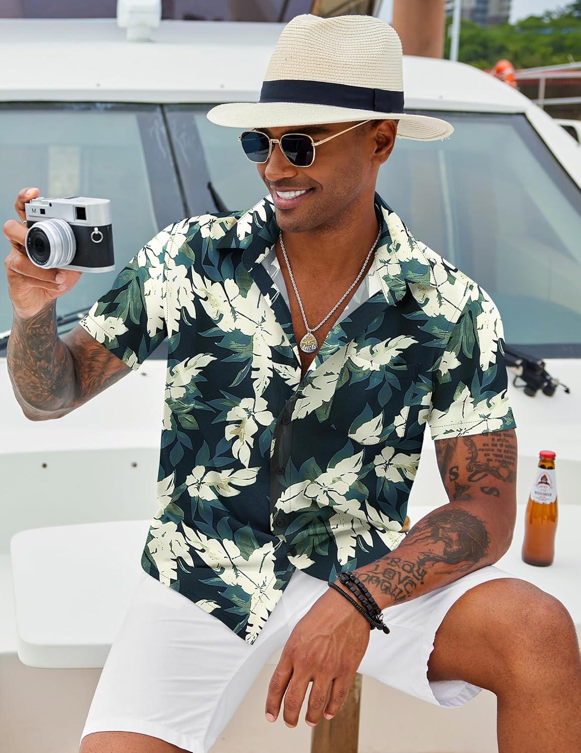 imageCOOFANDY Mens Hawaiian Shirt Short Sleeve Button Down Shirt Tropical Summer Beach ShirtLeafgreen White