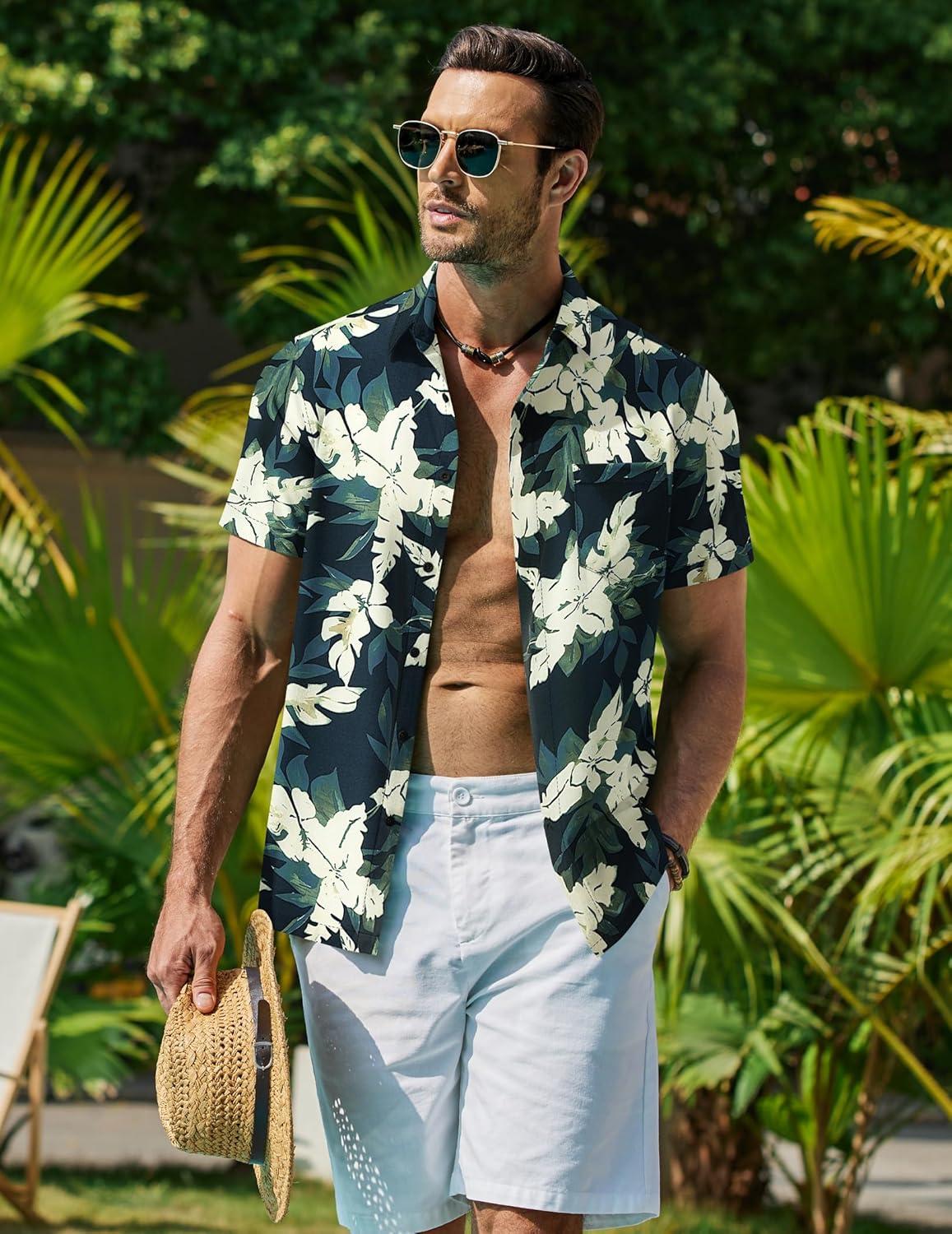 imageCOOFANDY Mens Hawaiian Shirt Short Sleeve Button Down Shirt Tropical Summer Beach ShirtLeafgreen White