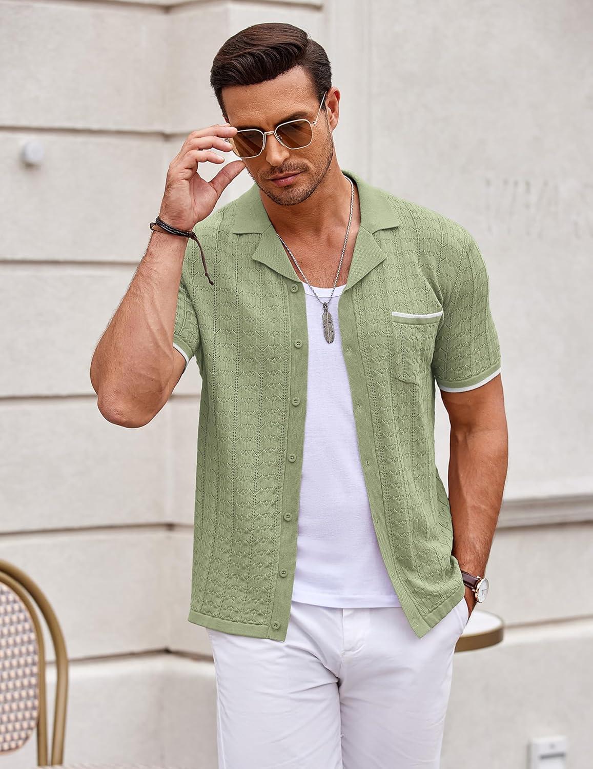 imageCOOFANDY Mens Knit Button Down Shirt Short Sleeve Vintage Polo Shirts Summer Casual Beach TopsLight Greenwhite