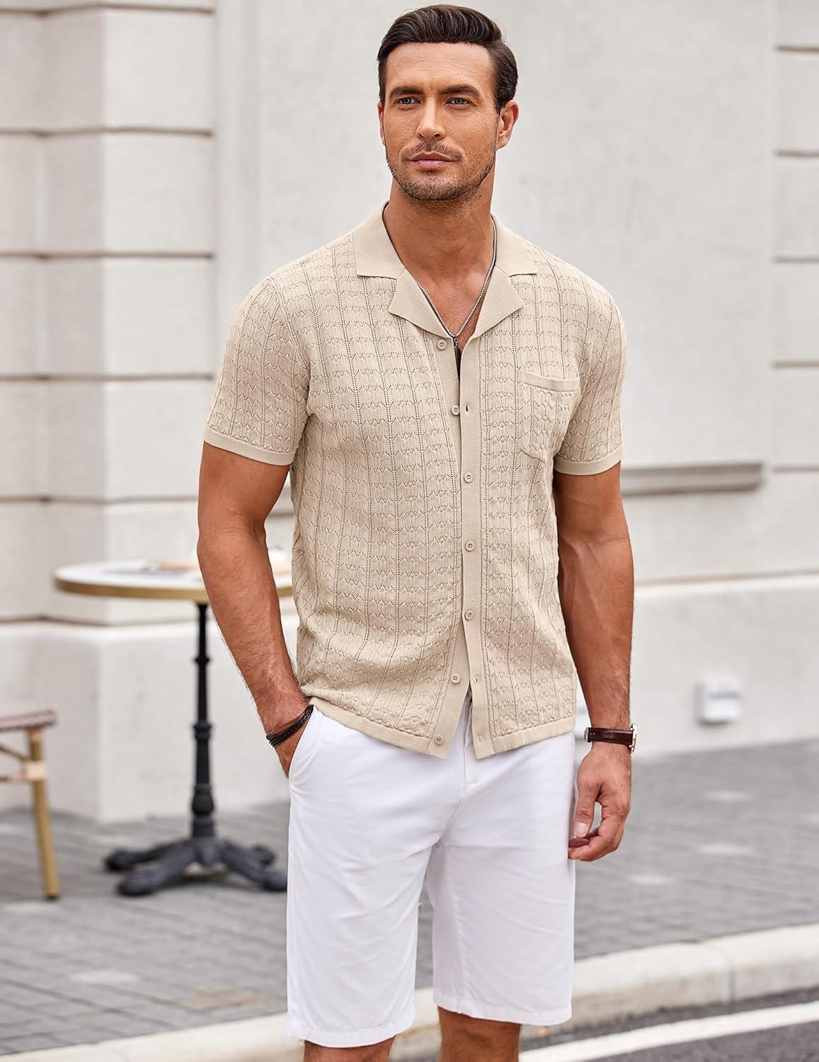 imageCOOFANDY Mens Knit Button Down Shirt Short Sleeve Vintage Polo Shirts Summer Casual Beach TopsLight Khaki