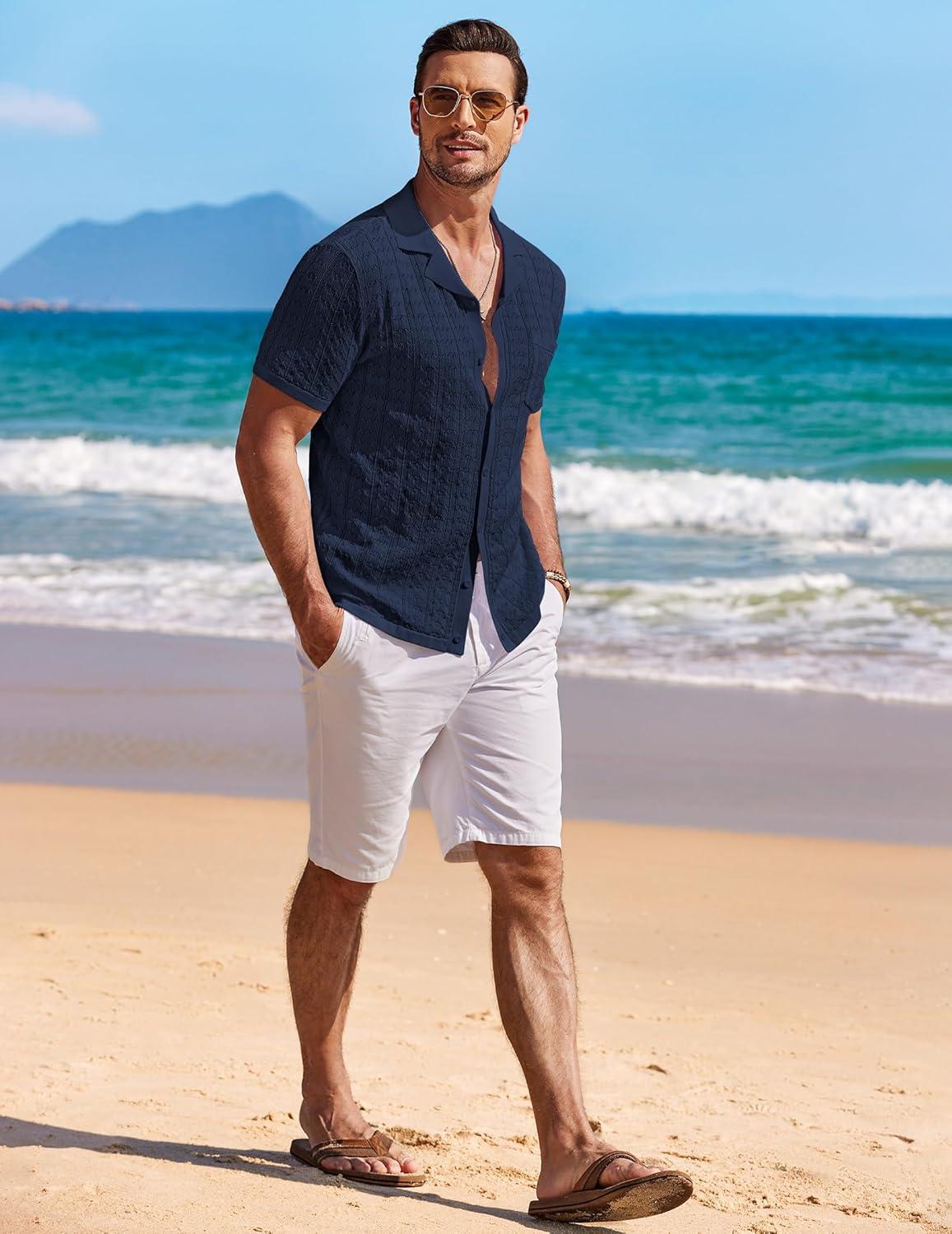 imageCOOFANDY Mens Knit Button Down Shirt Short Sleeve Vintage Polo Shirts Summer Casual Beach TopsNavy Blue