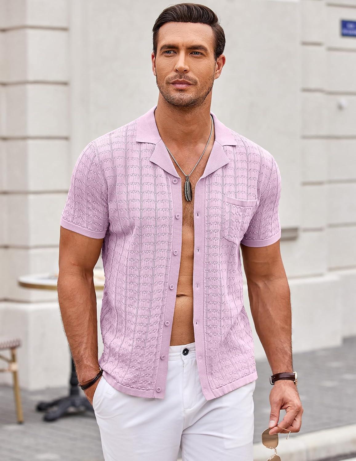 imageCOOFANDY Mens Knit Button Down Shirt Short Sleeve Vintage Polo Shirts Summer Casual Beach TopsPink