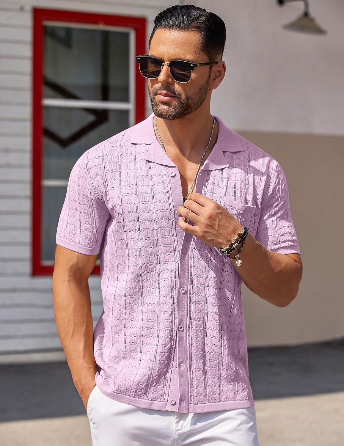 imageCOOFANDY Mens Knit Button Down Shirt Short Sleeve Vintage Polo Shirts Summer Casual Beach TopsPink