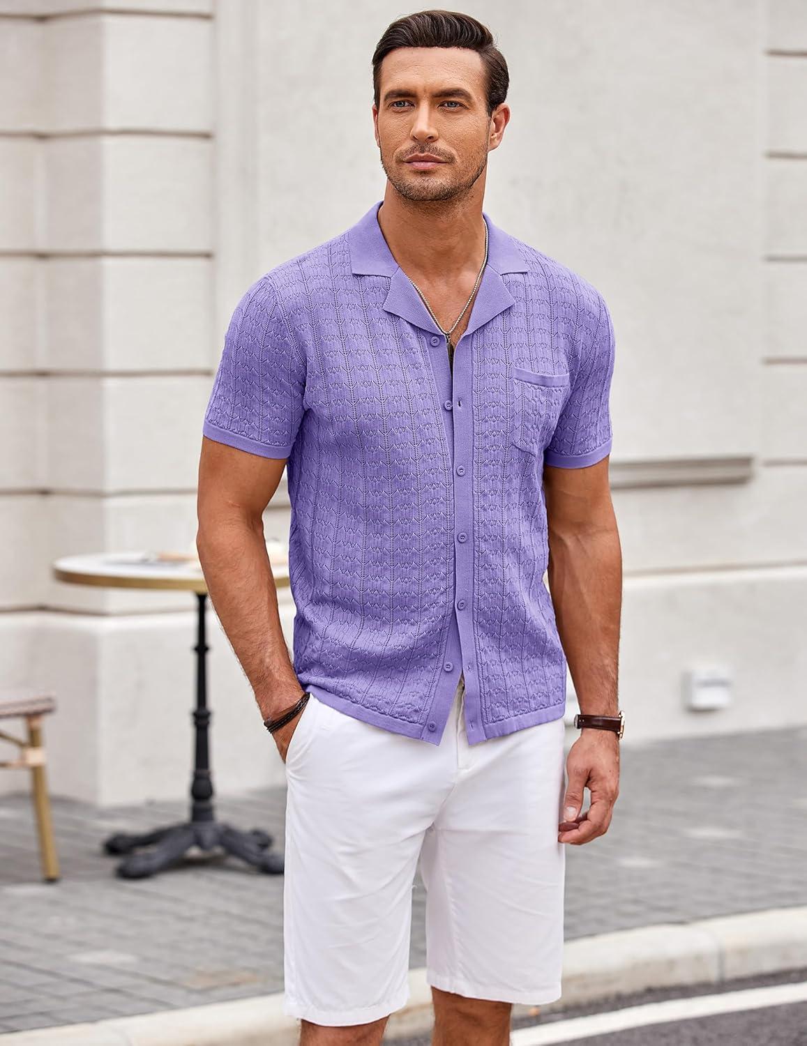 imageCOOFANDY Mens Knit Button Down Shirt Short Sleeve Vintage Polo Shirts Summer Casual Beach TopsPurple