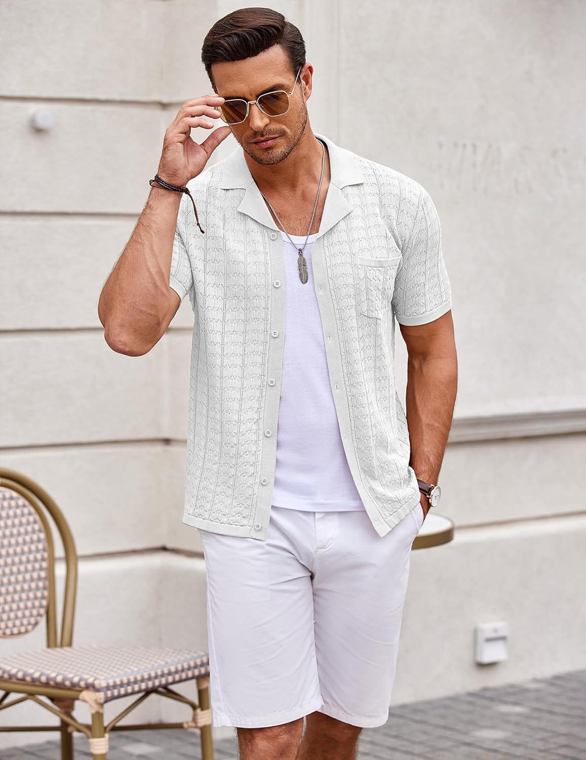 imageCOOFANDY Mens Knit Button Down Shirt Short Sleeve Vintage Polo Shirts Summer Casual Beach TopsWhite