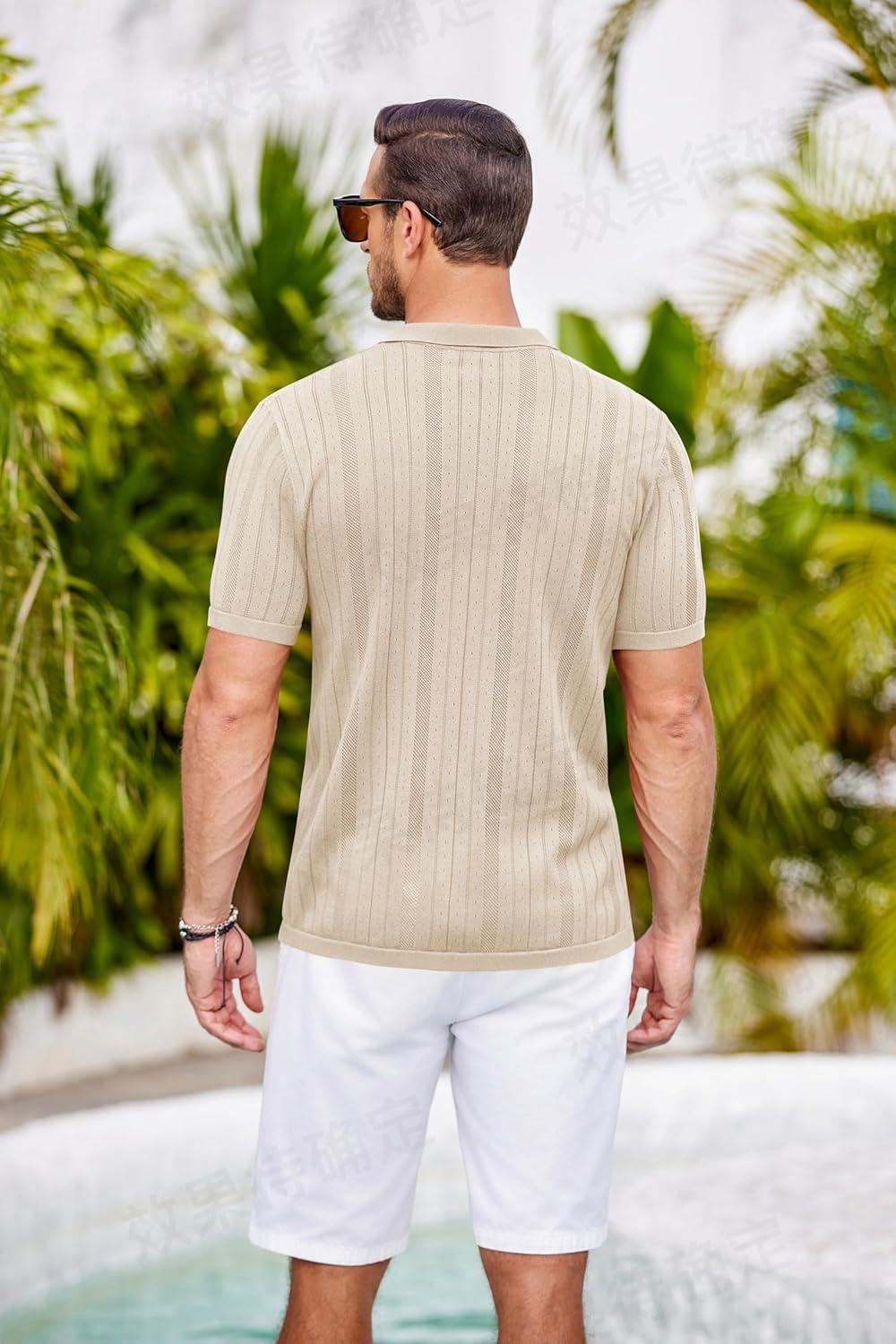 imageCOOFANDY Mens Knit Button Down Shirts Crochet Polo Shirts Vintage Short Sleeve Textured Shirts Summer Beach TopsLight Coffee