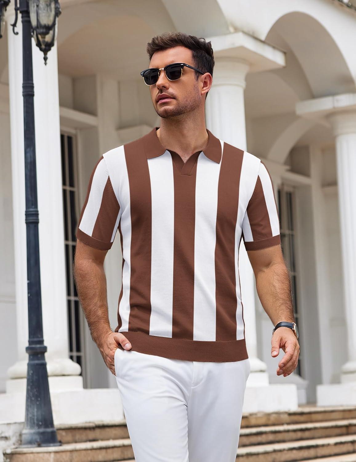 imageCOOFANDY Mens Knit Polo Shirts V Neck Short Sleeve Stretch Polo T Shirt Casual Golf ShirtsCoffee White Stripes