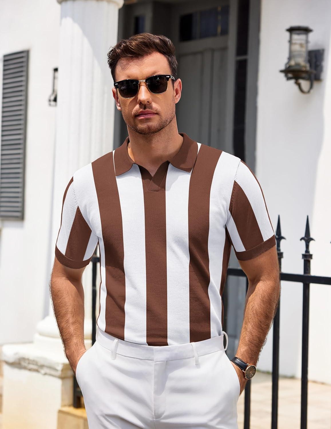 imageCOOFANDY Mens Knit Polo Shirts V Neck Short Sleeve Stretch Polo T Shirt Casual Golf ShirtsCoffee White Stripes
