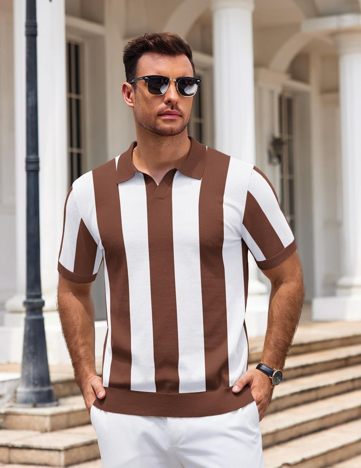imageCOOFANDY Mens Knit Polo Shirts V Neck Short Sleeve Stretch Polo T Shirt Casual Golf ShirtsCoffee White Stripes