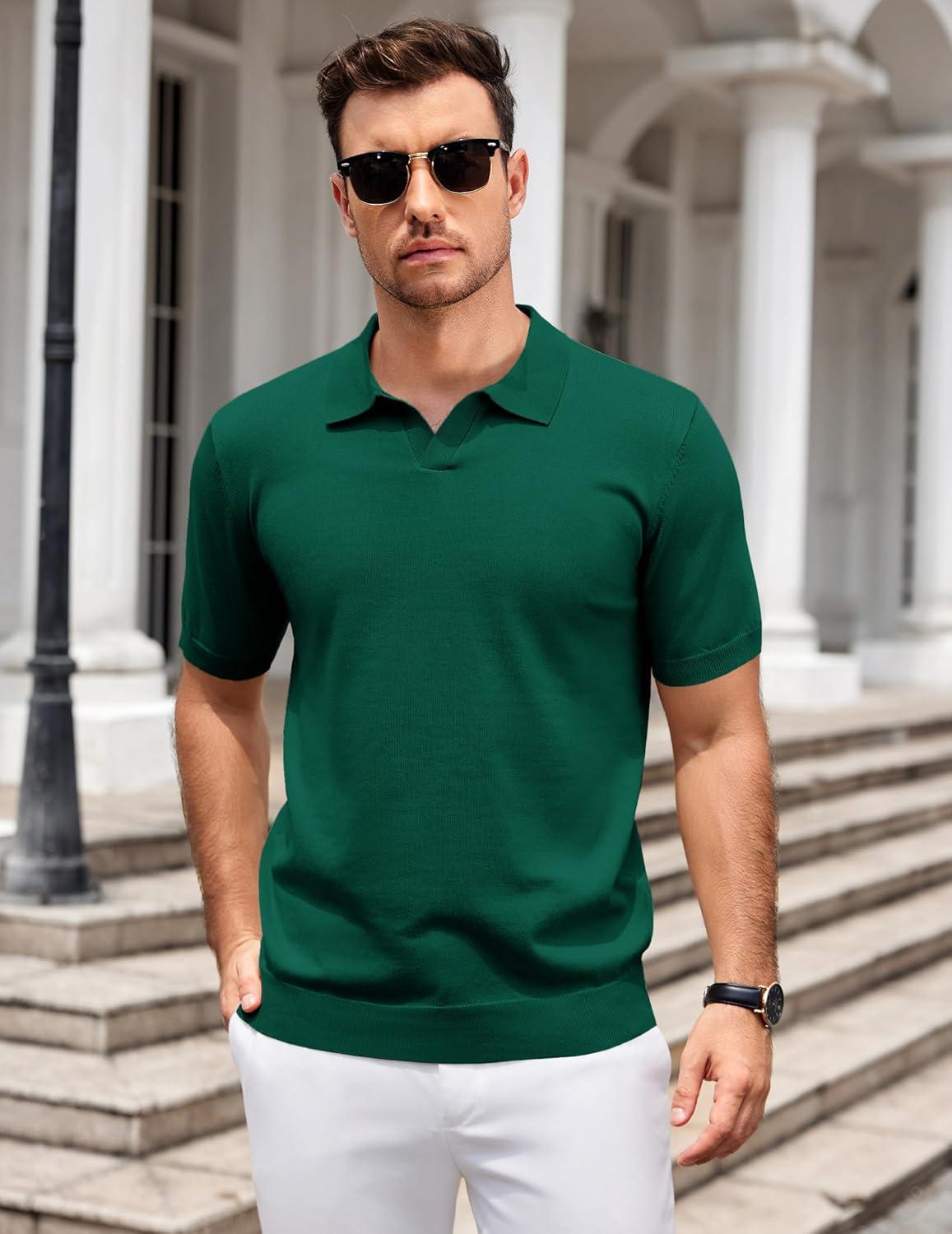 imageCOOFANDY Mens Knit Polo Shirts V Neck Short Sleeve Stretch Polo T Shirt Casual Golf ShirtsGreen