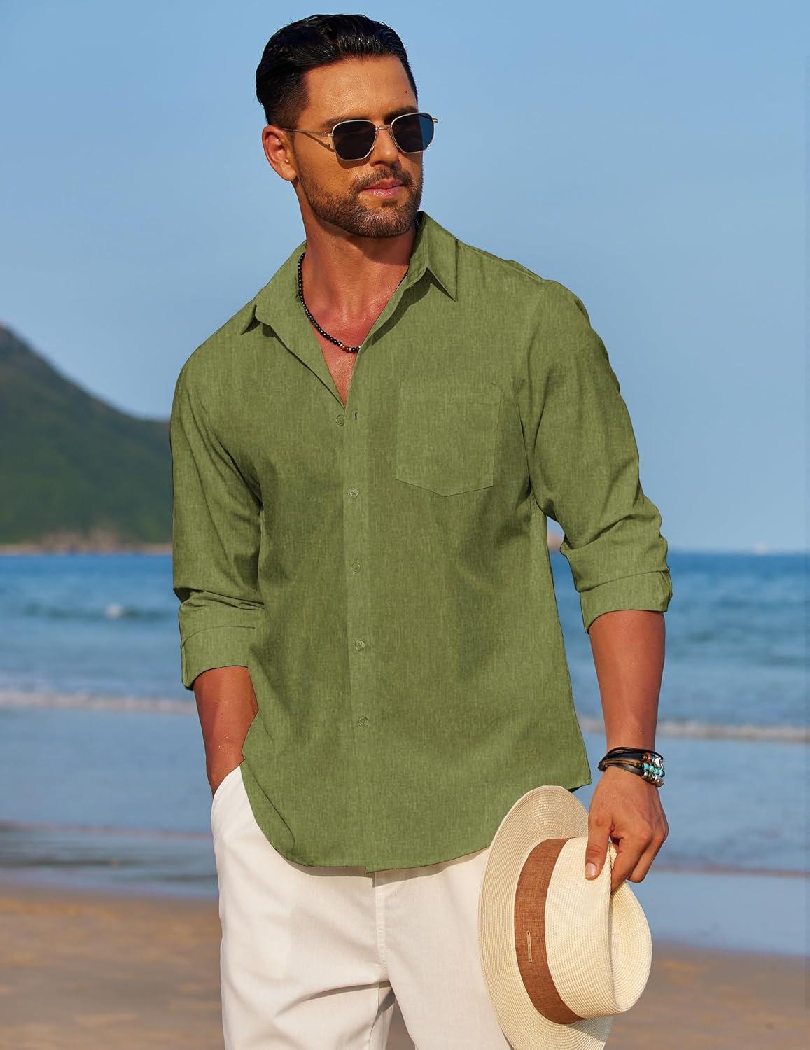 imageCOOFANDY Mens Linen Long Sleeve Shirts Casual Button Down Untucked Shirt Vacation Wedding Shirts with PocketArmy Green