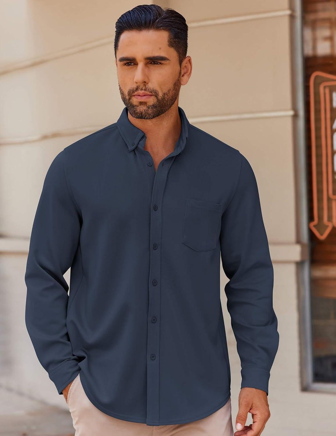 imageCOOFANDY Mens Long Sleeve Button Down Shirt Wrinkle Free Casual Shirt for Men Untucked Shirts with Pocket for WeddingNavy Blue