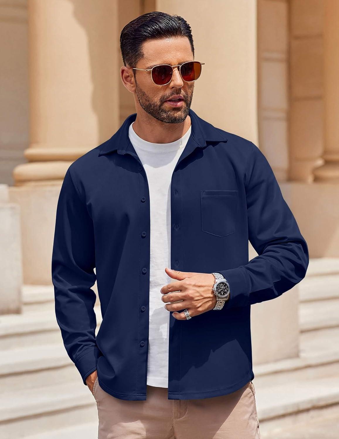 imageCOOFANDY Mens Long Sleeve Button Down Shirt Wrinkle Free Casual Shirt for Men Untucked Shirts with Pocket for WeddingNavy Blue