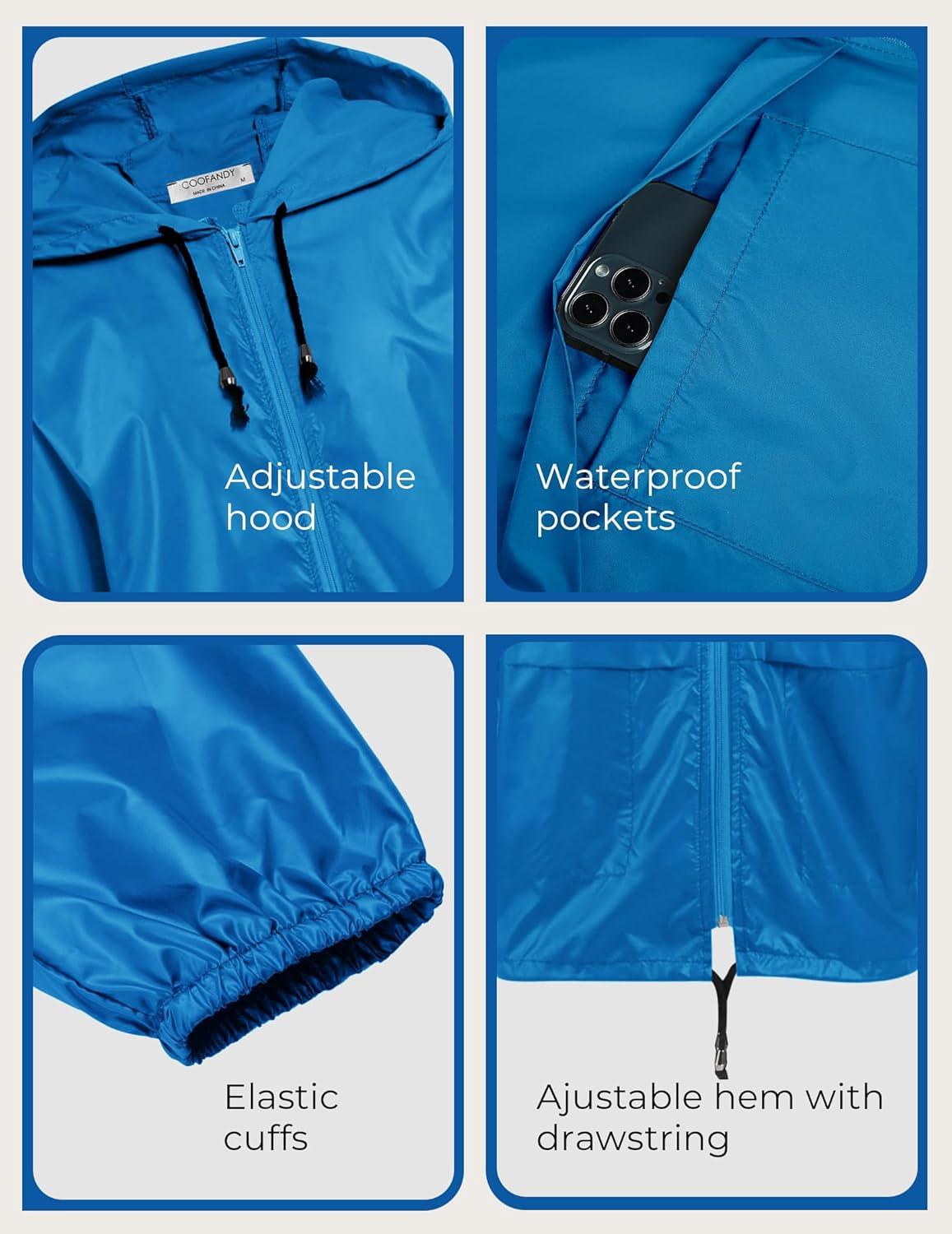 imageCOOFANDY Mens Packable Rain Jacket Lightweight Waterproof Raincoat with Hood Outdoor Rain Gear Travel Hiking CyclingBlue