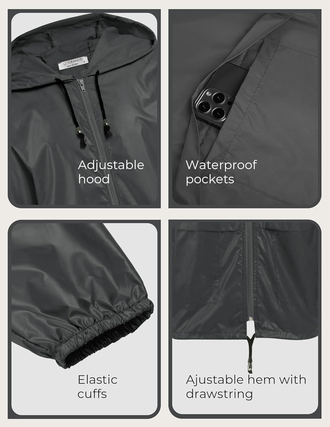 imageCOOFANDY Mens Packable Rain Jacket Lightweight Waterproof Raincoat with Hood Outdoor Rain Gear Travel Hiking CyclingDark Grey
