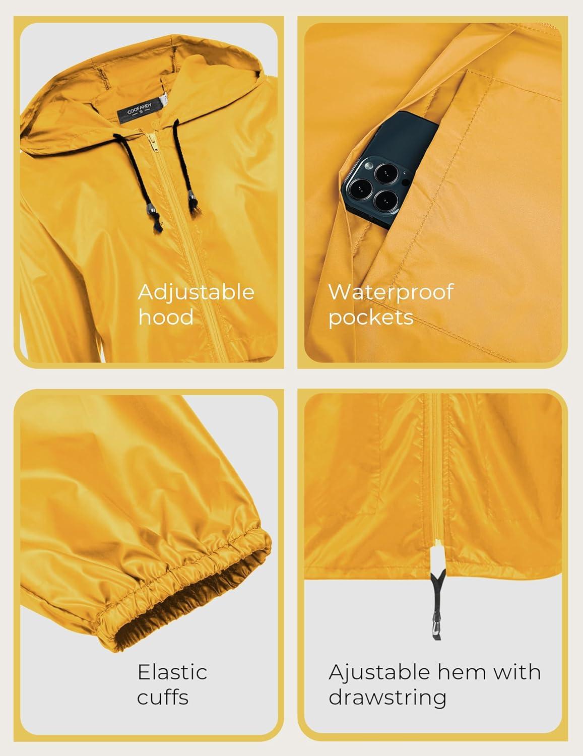 imageCOOFANDY Mens Packable Rain Jacket Lightweight Waterproof Raincoat with Hood Outdoor Rain Gear Travel Hiking CyclingOrange Yellow