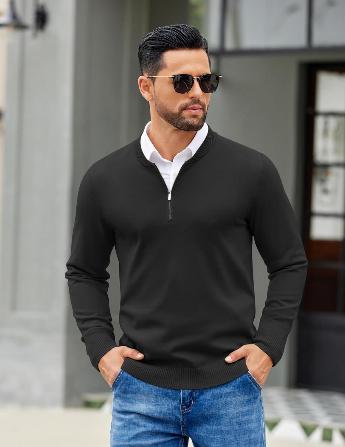 imageCOOFANDY Mens Quarter Zip Pullover Slim Fit Dress Sweaters Lightweight Mock Neck Knit SweaterBlack