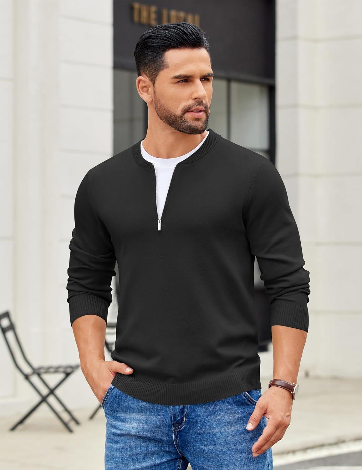 imageCOOFANDY Mens Quarter Zip Pullover Slim Fit Dress Sweaters Lightweight Mock Neck Knit SweaterBlack